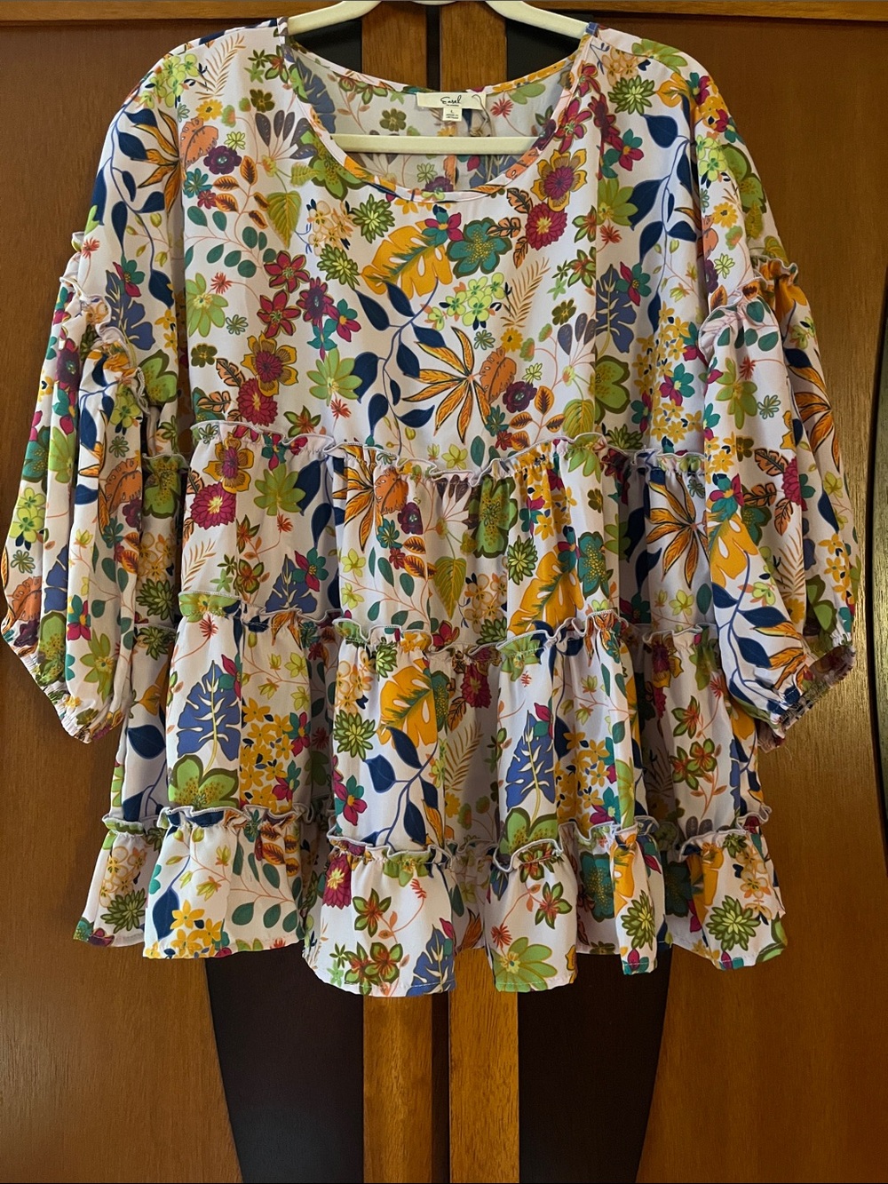 NWT Easel Floral Tiered Peasant Babydoll Top w/Puff Sleeves w/Ruffle & Elastic
